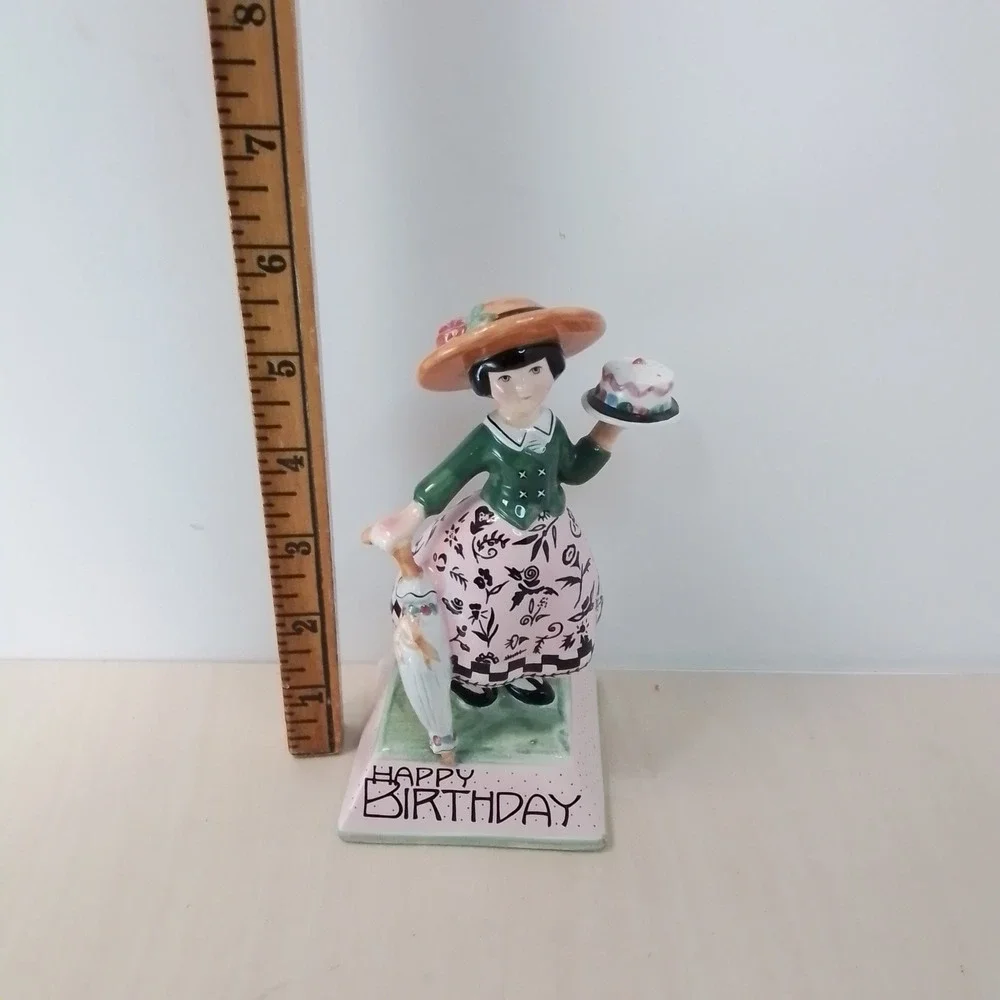 ME Ink Happy Birthday Girl Figurine‎ Holding Cake Umbrella 1995 Collectible